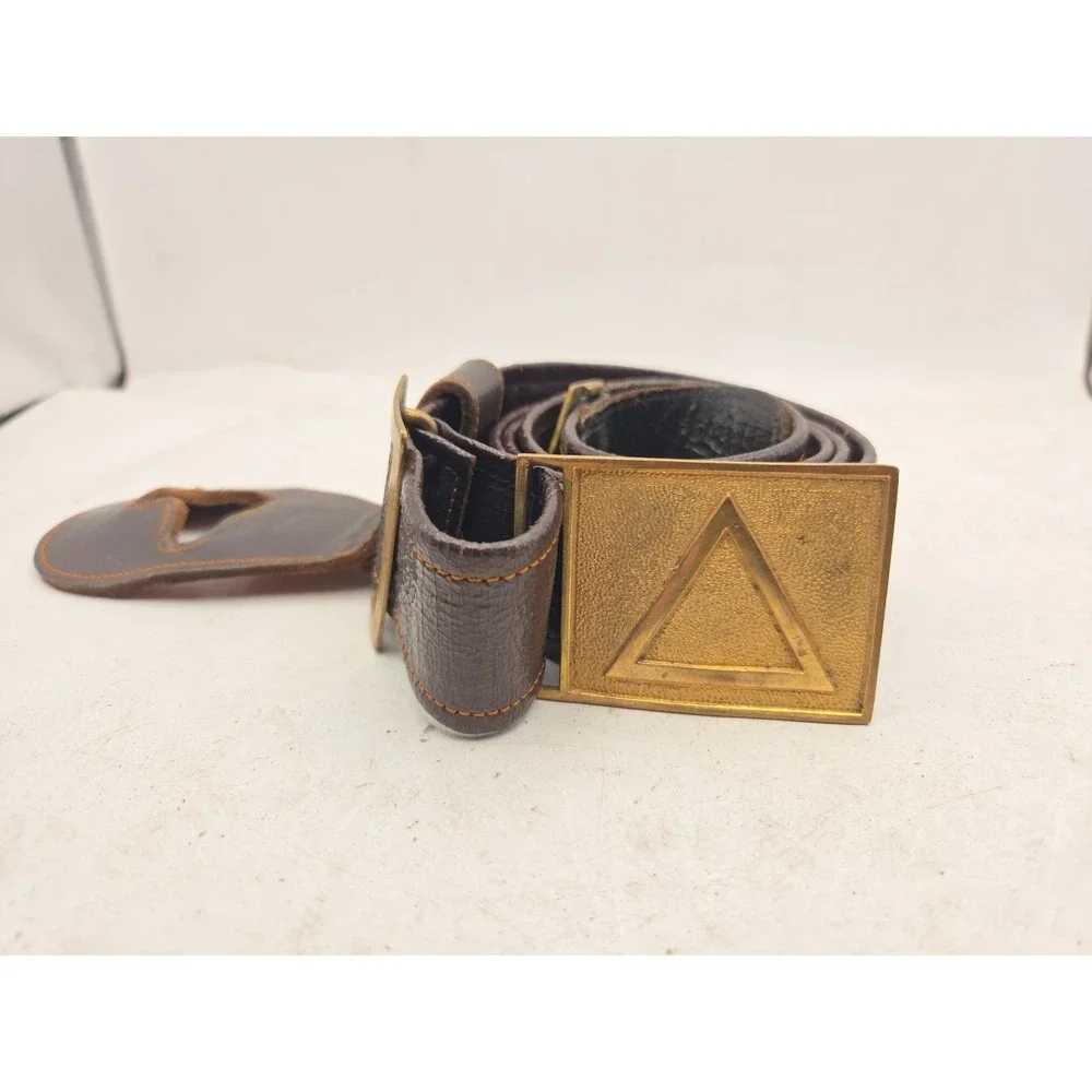 Unknown Maker Vintage Masonic Belt Leather with Scabbard Brass Pyramid Buckle
